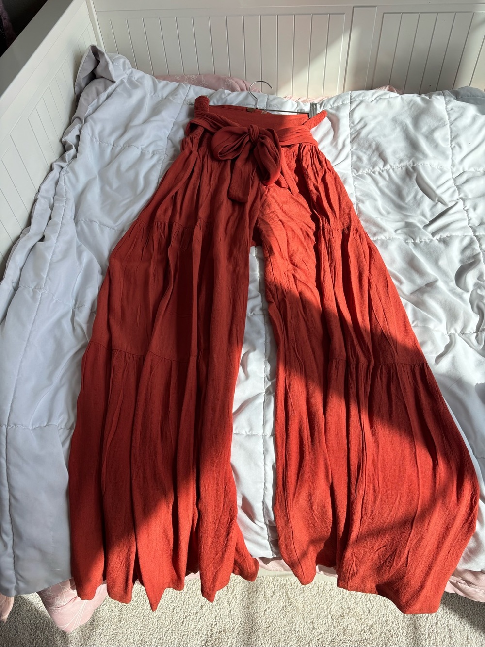 Free People FP One Rust Tiered Wide Leg Palazzo Pants Smocked Tie Waist Boho M